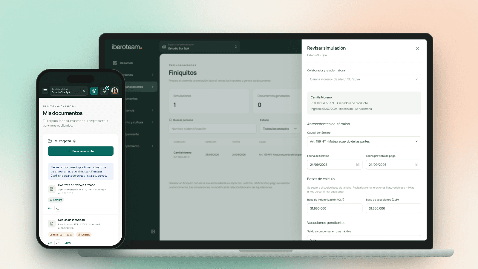 Simulación de finiquito en Iberoteam con causal, fechas y bases de cálculo, junto a la carpeta de documentos en el celular